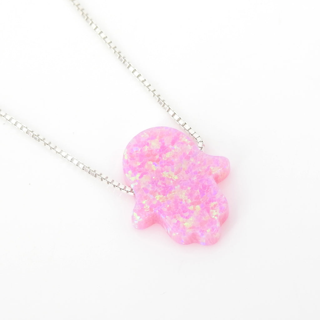 Sterling Silver Pink Created Opal Hamsa Necklace