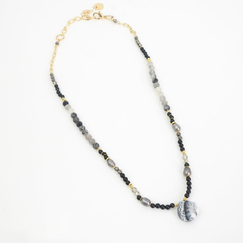 Dendritic Agate, Onyx, Pearl, & Rutilated Quartz Necklace