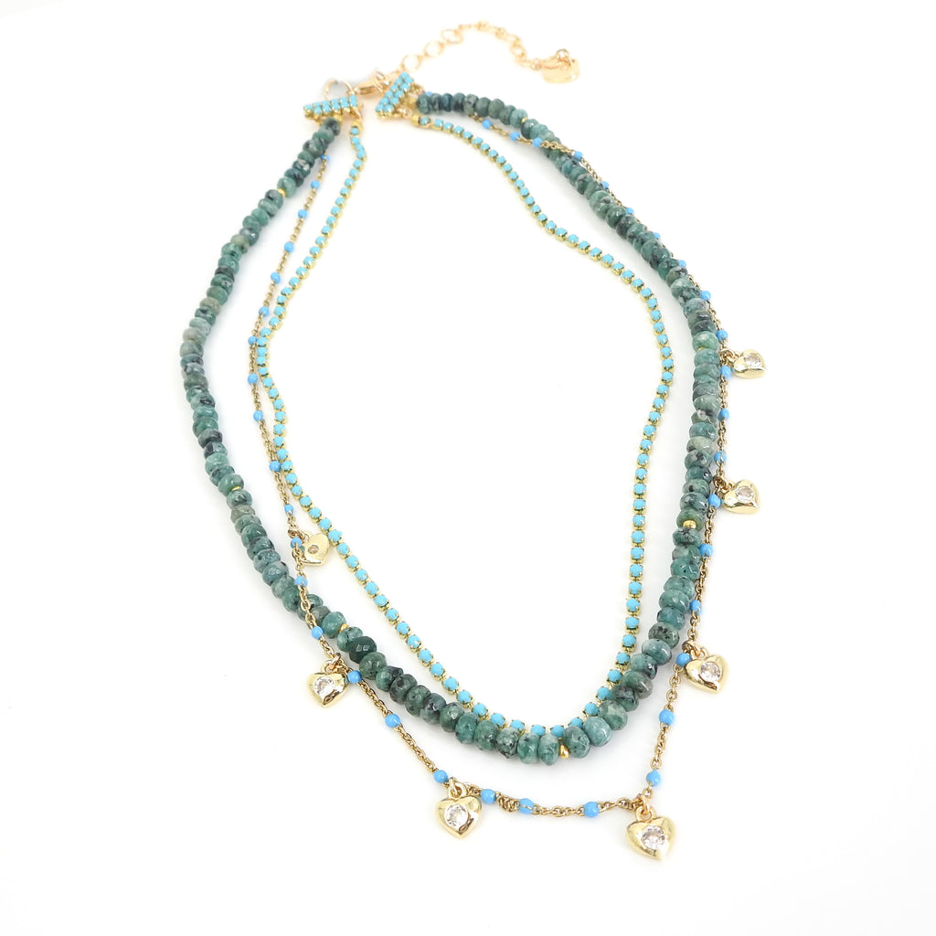 Turquoise Necklace w/ Gold Tone Hearts & CZ