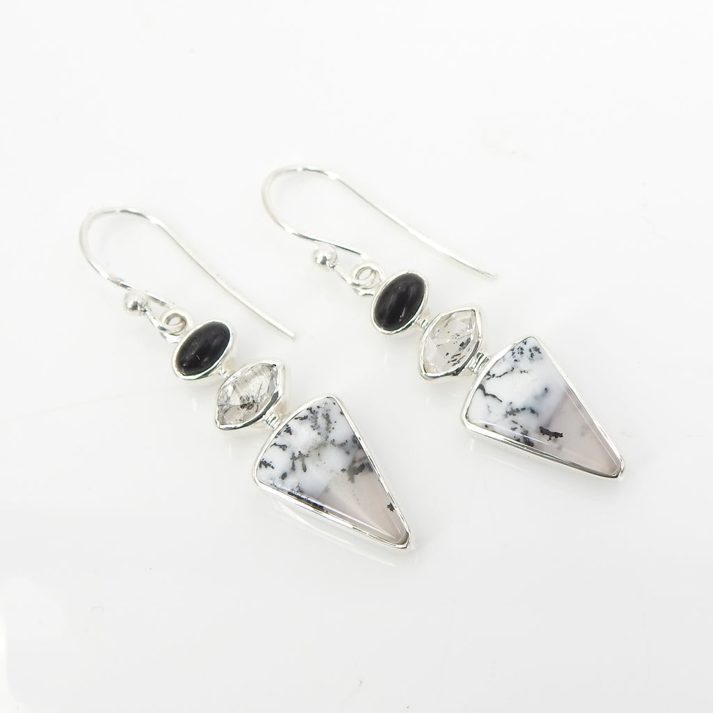 Sterling Silver Dendrite Onyx & Herkimer Diamond Earrings