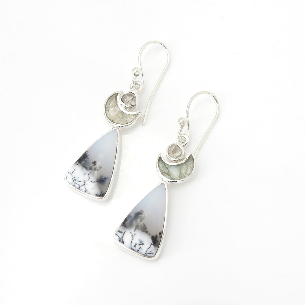 Sterling Silver Dendrite Agate w/ Labradorite Moon Earrings