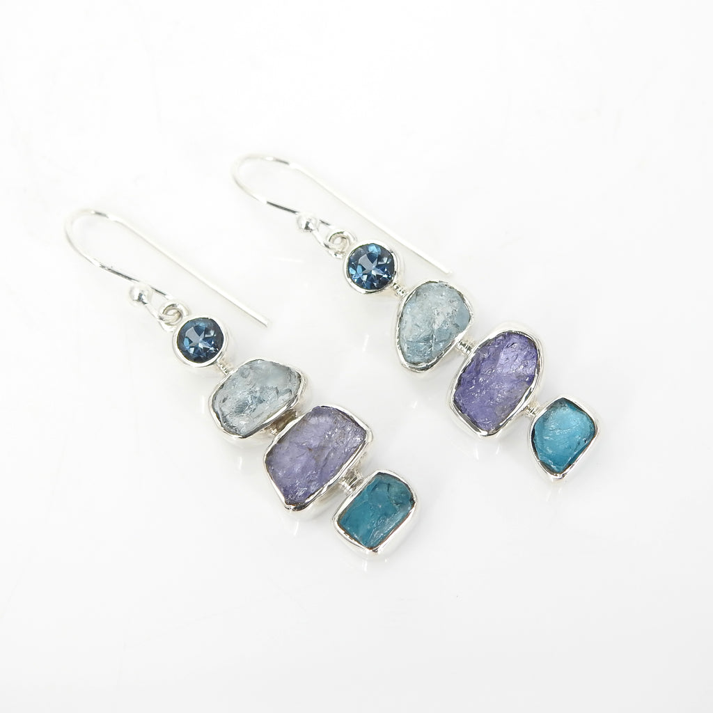 Sterling Silver Aquamarine, Tanzanite, Apatite, & Blue Topaz Earrings