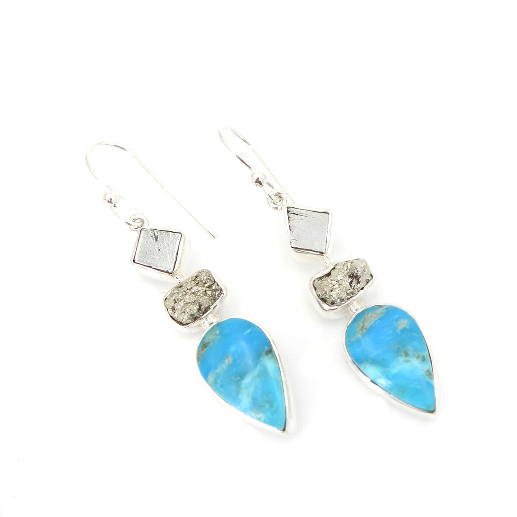 Sterling Silver Turquoise, Pyrite, & Meteorite Earrings