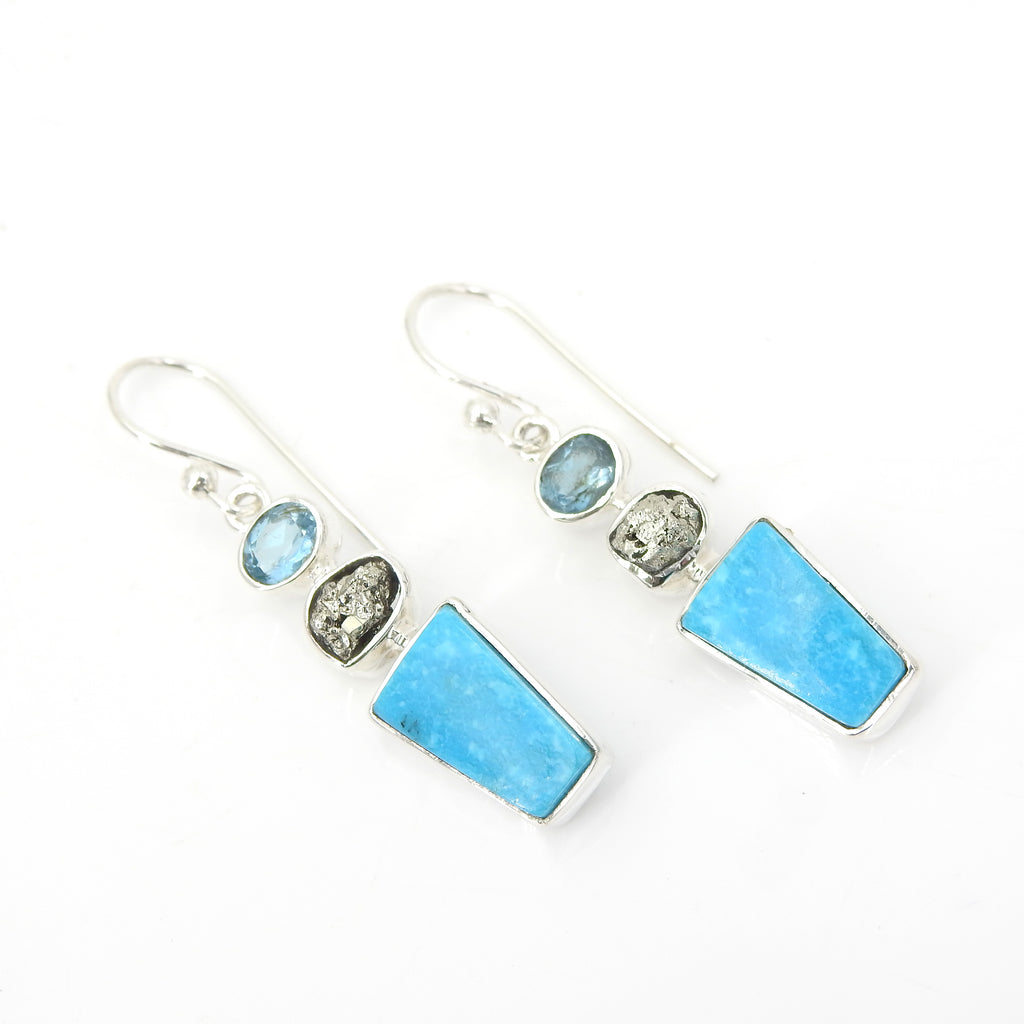 Sterling Silver Turquoise, Pyrite, & Blue Topaz Earrings