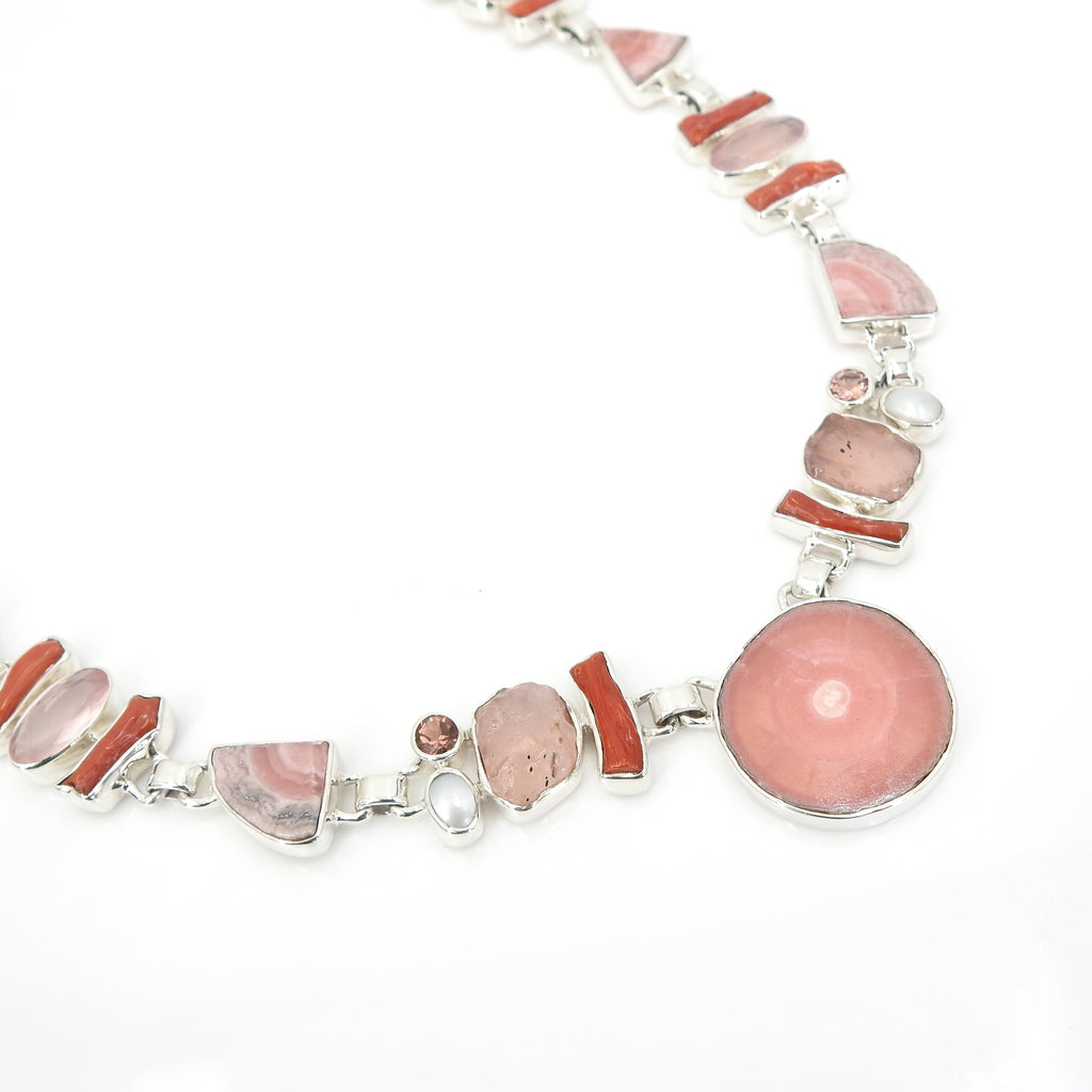 Sterling Silver Rhodochrosite, Rose Quartz, & Pearl Necklace