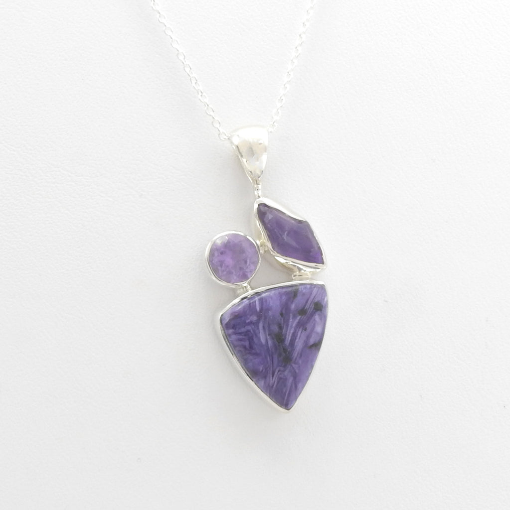 Sterling Silver Charoite & Amethyst Pendant