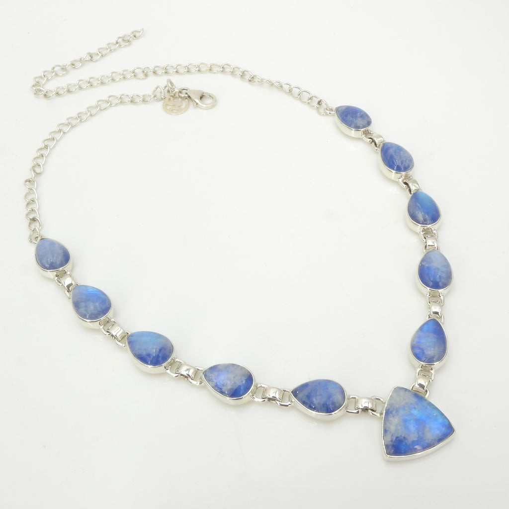 Sterling Silver Blue Rainbow Moonstone Statement Necklace