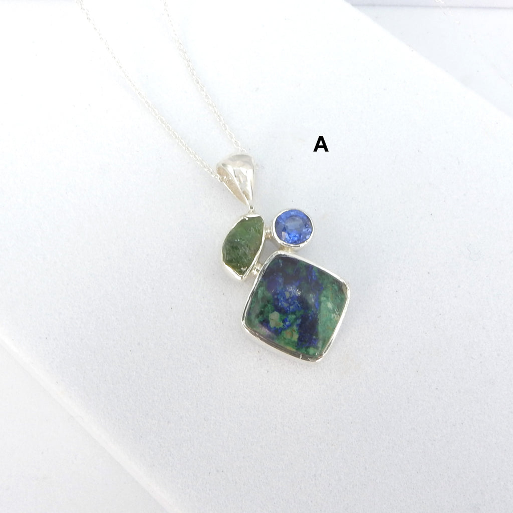 Sterling Silver Azurite Malachite, Emerald & Kyanite Pendant