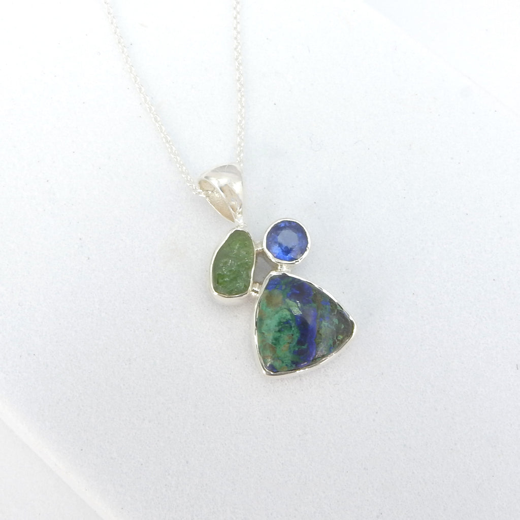 Sterling Silver Azurite Malachite, Emerald & Kyanite Pendant