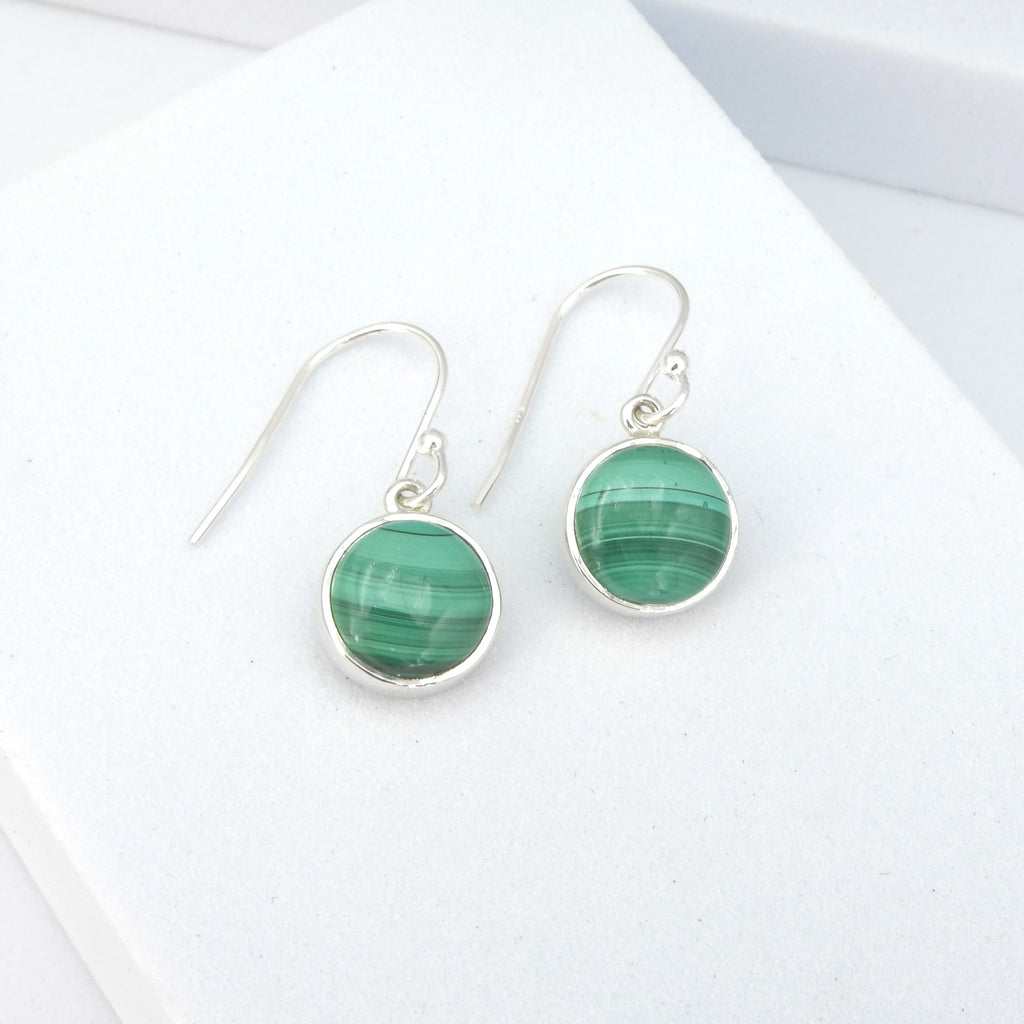 Sterling Silver Small Round Malachite Earrings