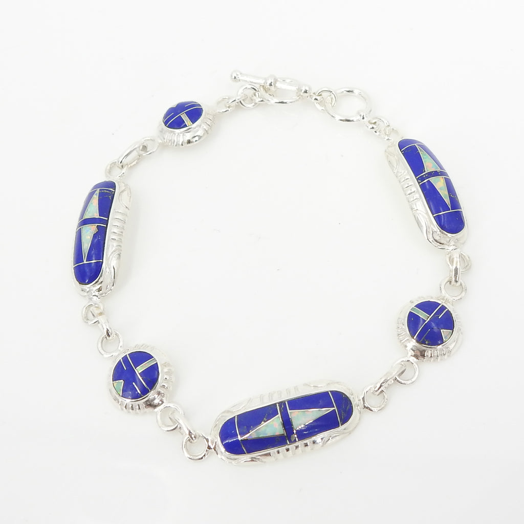 S/S Lapis W Lab Opal Inlay Bracelet