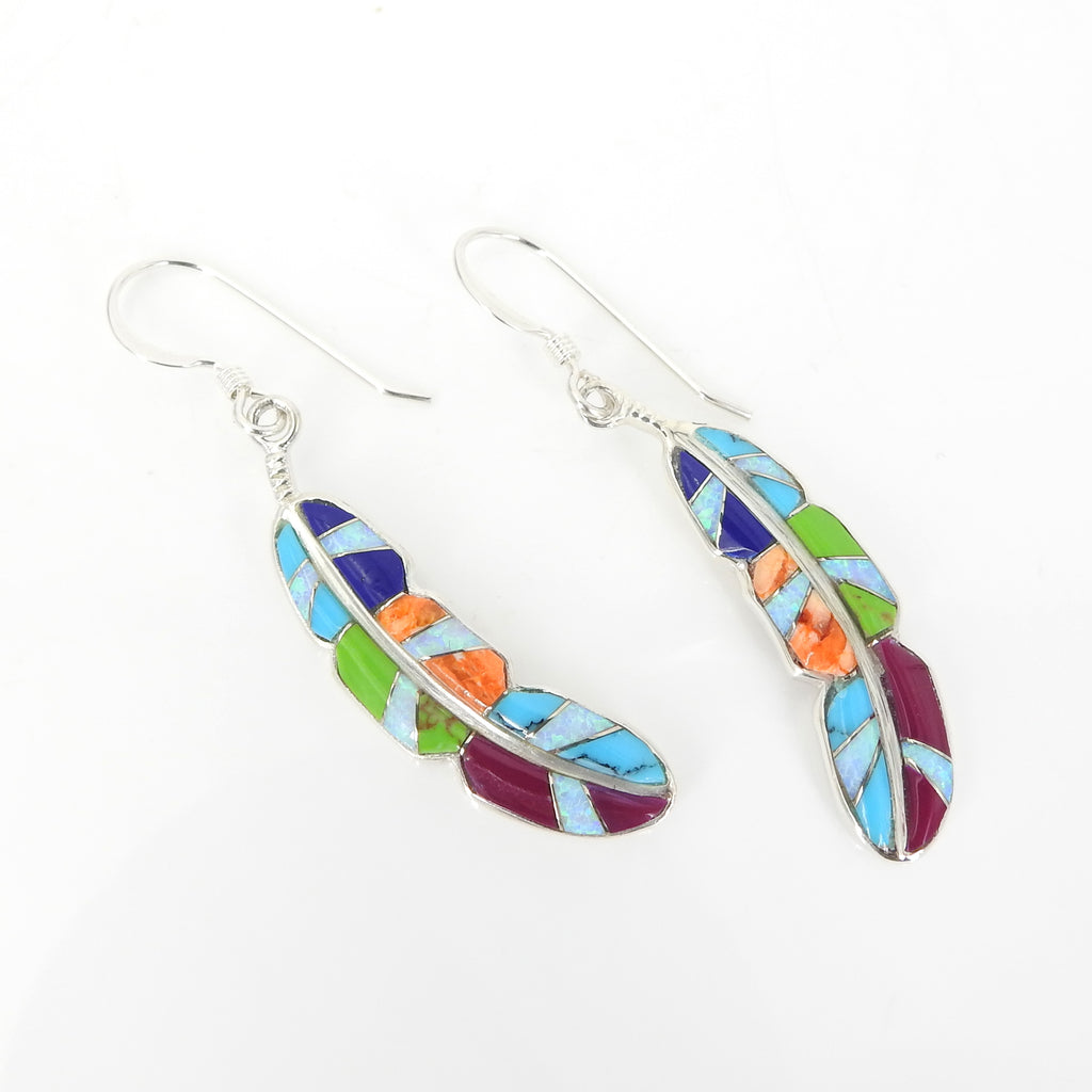 Sterling Silver Inlay Feather Earrings