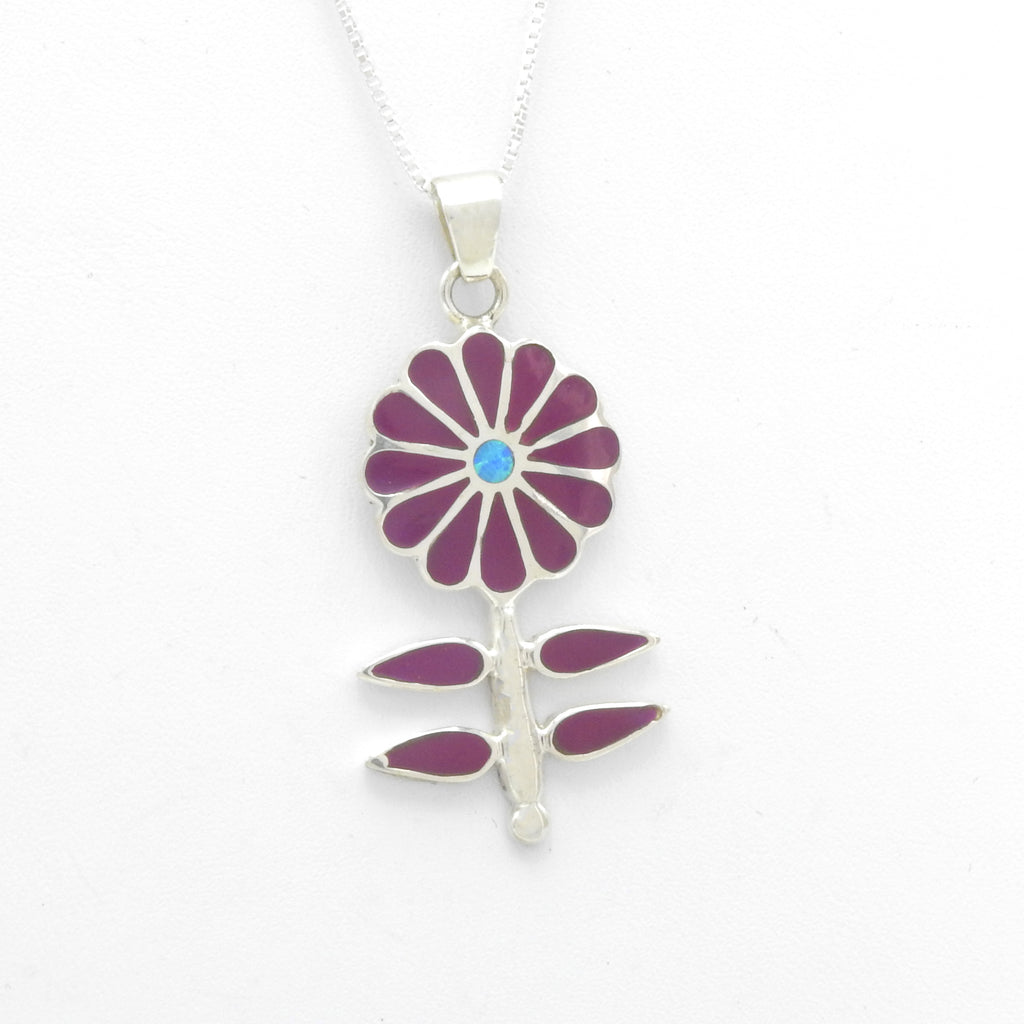 Sterling Silver Sugilite & Opal Flower Inlay Pendant