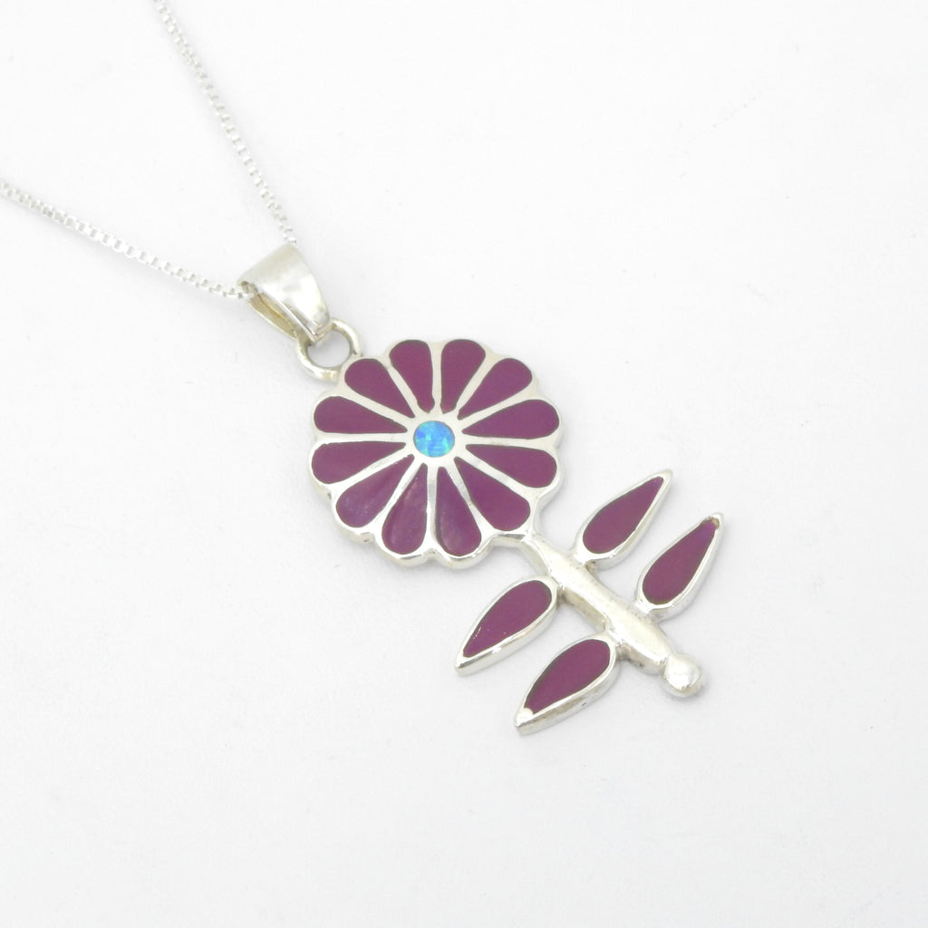 Sterling Silver Sugilite & Opal Flower Inlay Pendant