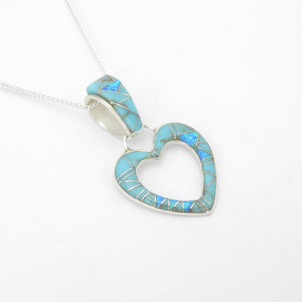 Sterling Silver Turquoise & Opal Inlay Heart Pendant