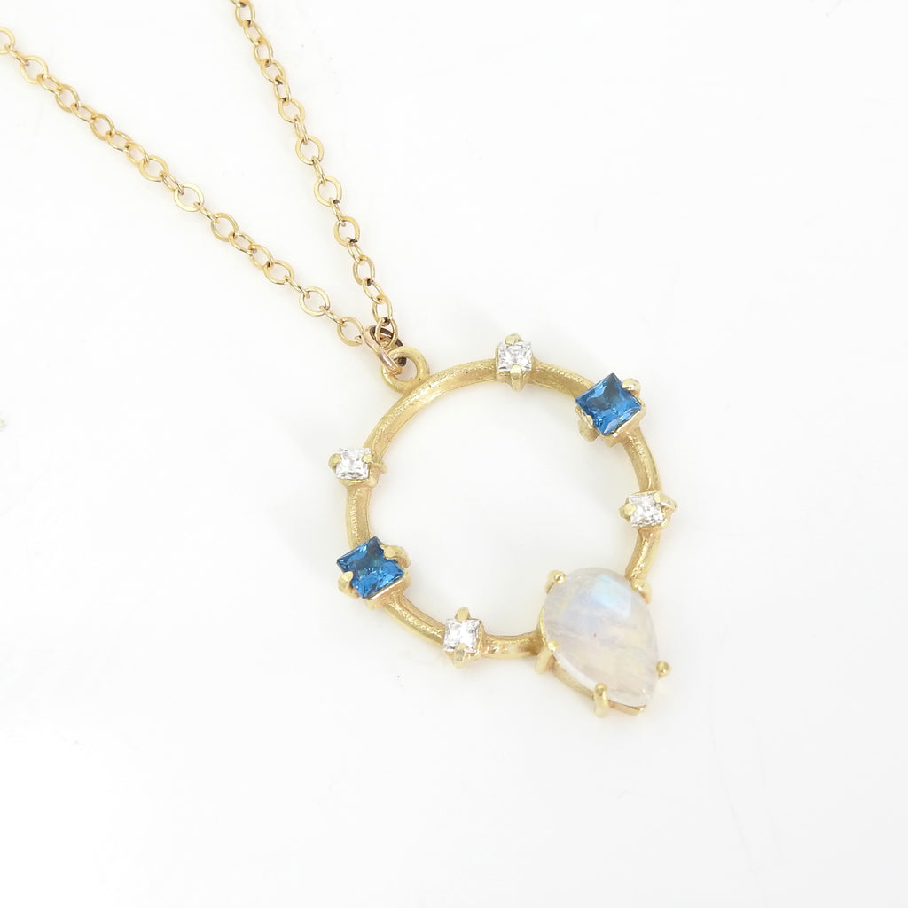 Gold Plated Sterling Silver w/ Moonstone & Blue Topaz Necklace