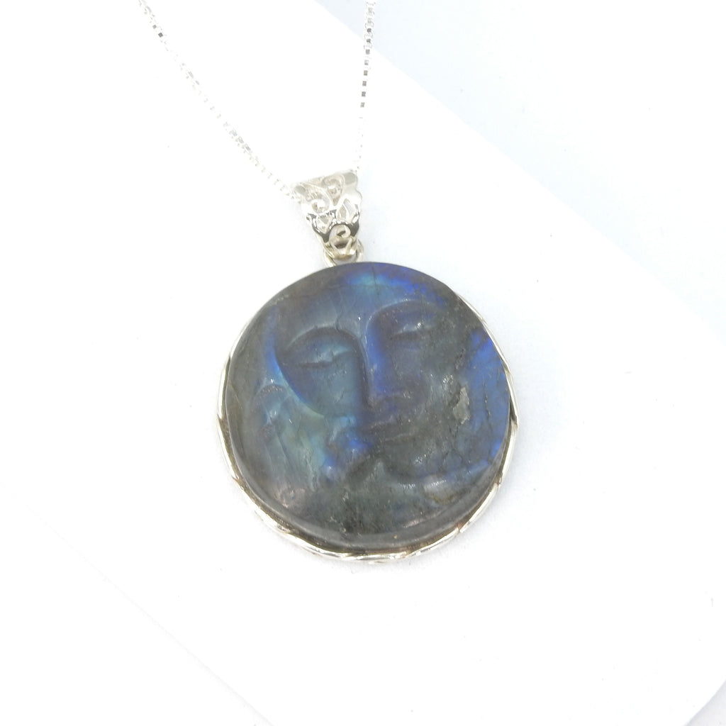 Sterling Silver Carved Labradorite w/ Face & Moon Pendant