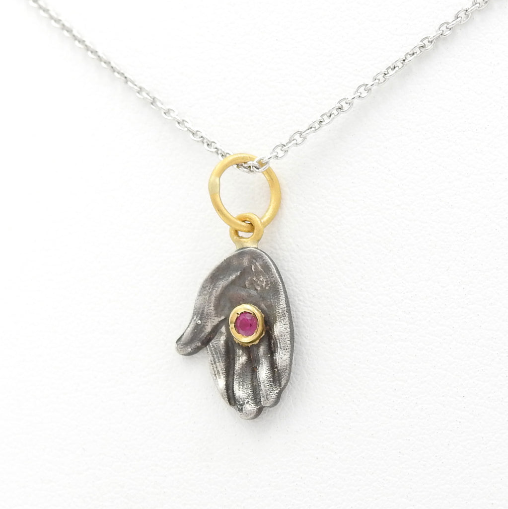 Sterling Silver & 24KT Gold Giving Hand w/ Ruby Pendant