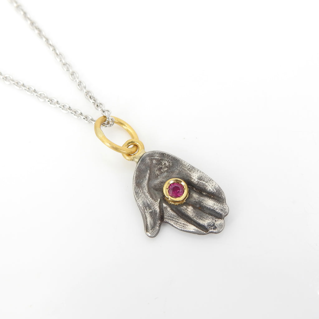 Sterling Silver & 24KT Gold Giving Hand w/ Ruby Pendant