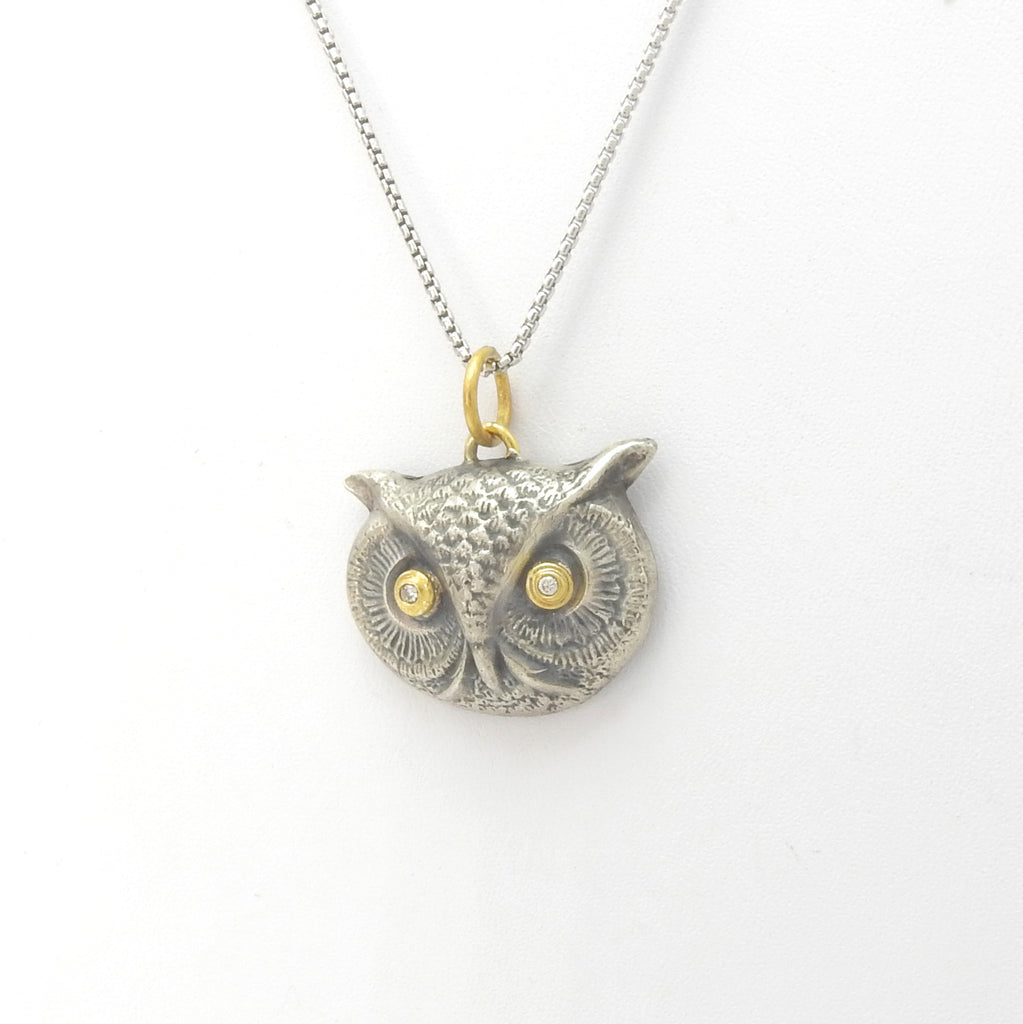 Sterling Silver Owl of Athena Pendant w/ 24KT & Diamond Accents