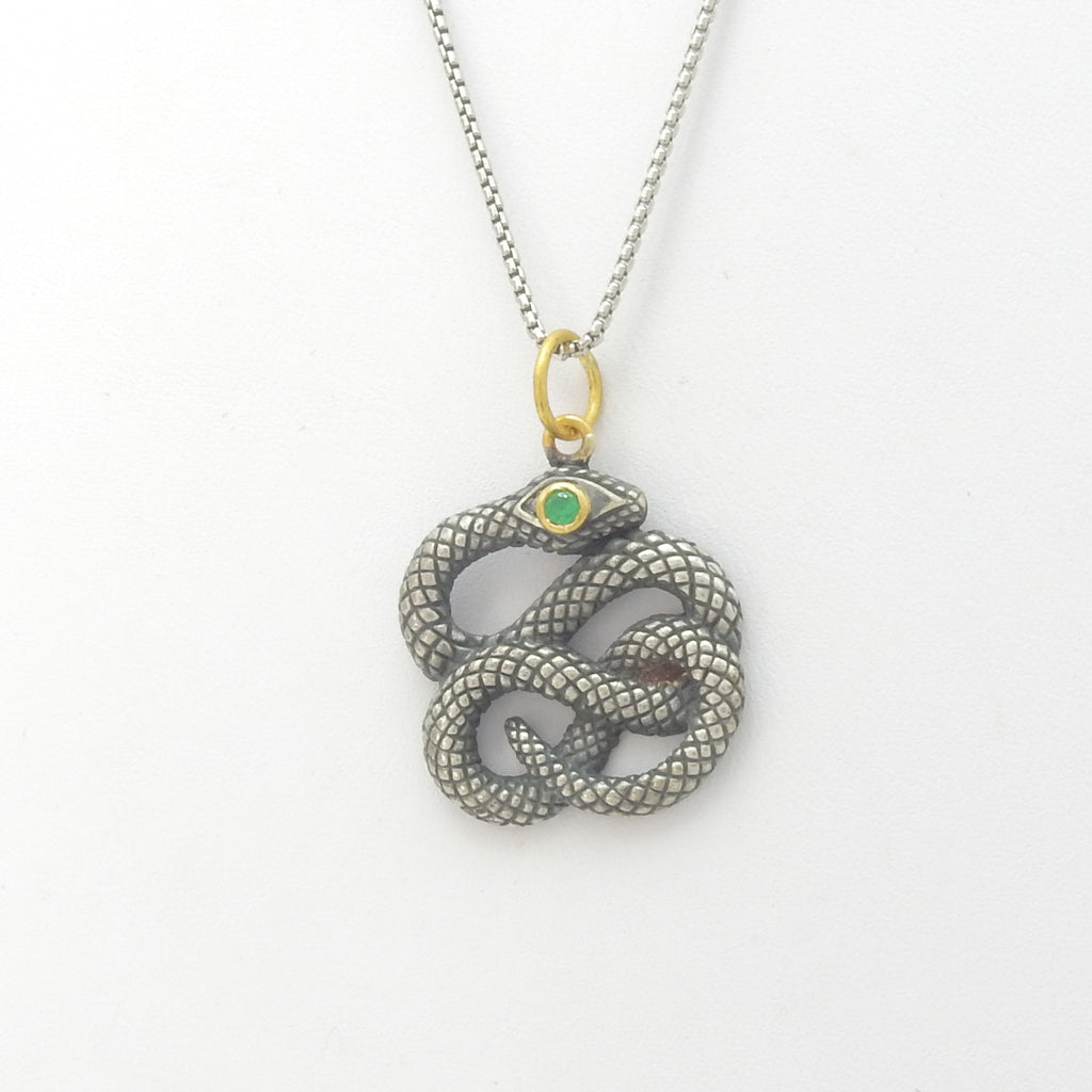 Sterling Silver & 24KT Gold Snake Pendant w/ Emerald Accent