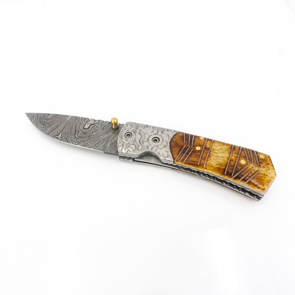 Damascus Steel Carved Folding Knife