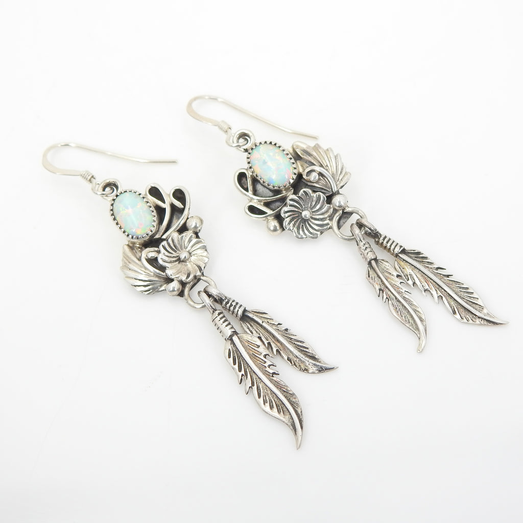 Sterling Silver Created Opal Native American Feather Earrings
