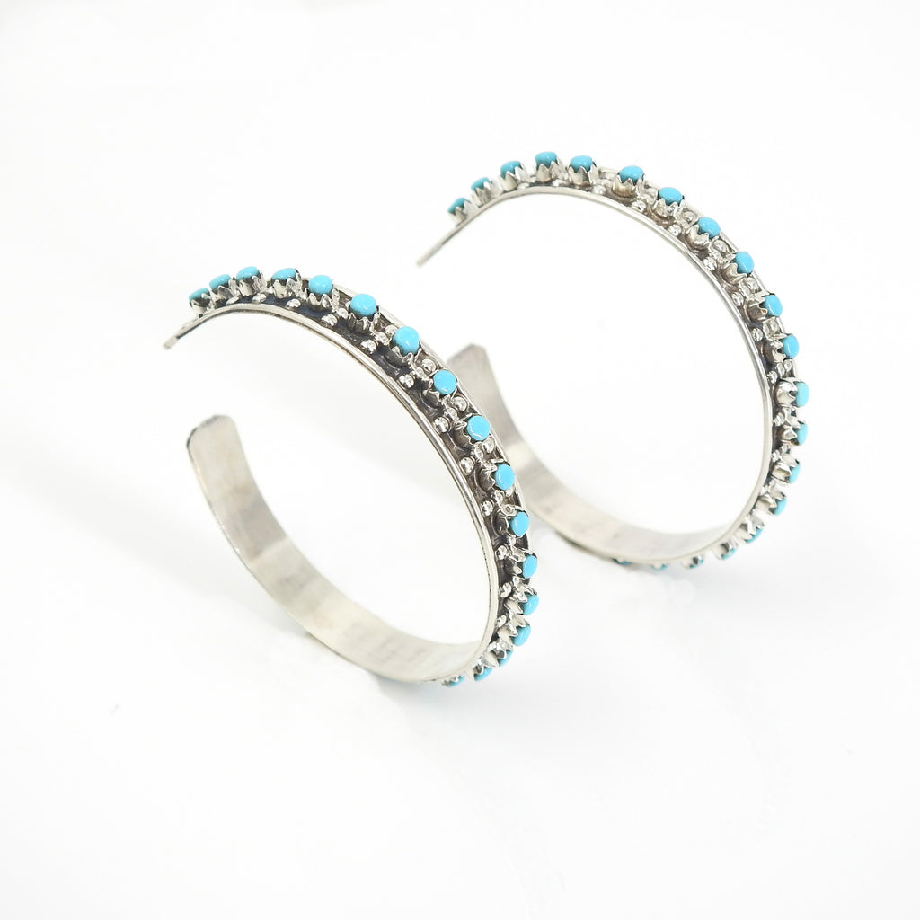 Sterling Silver Native American Sleeping Beauty Turquoise Hoop Earrings