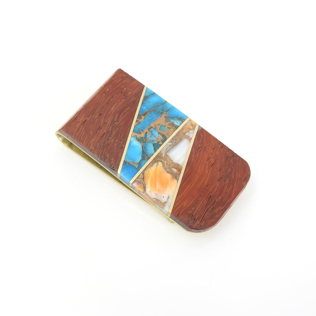 Wood Spiny Oyster & Turquoise Inlay Money Clip