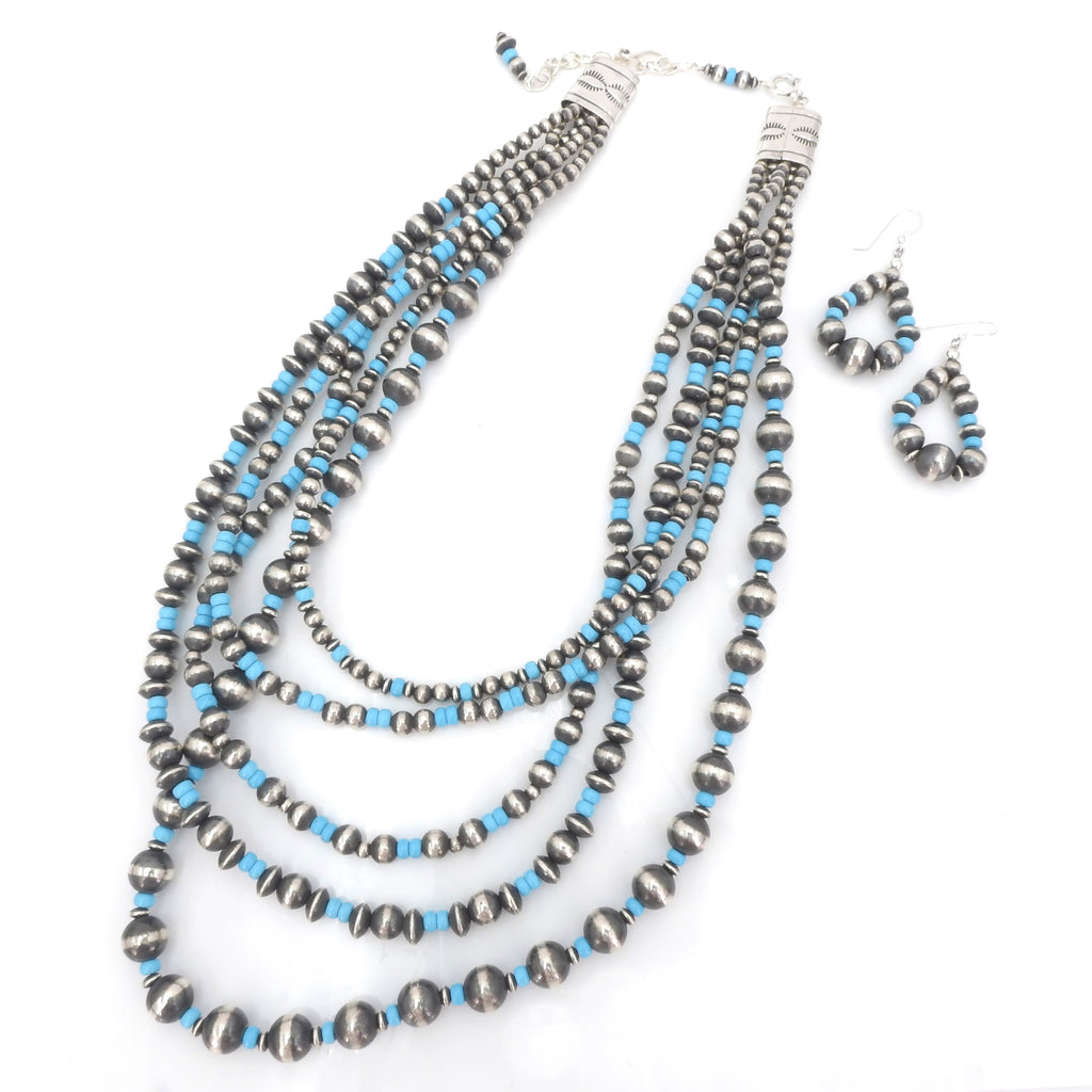Sterling Silver Multi Strand Desert Pearl w/ Turquoise Necklace & Earring Set