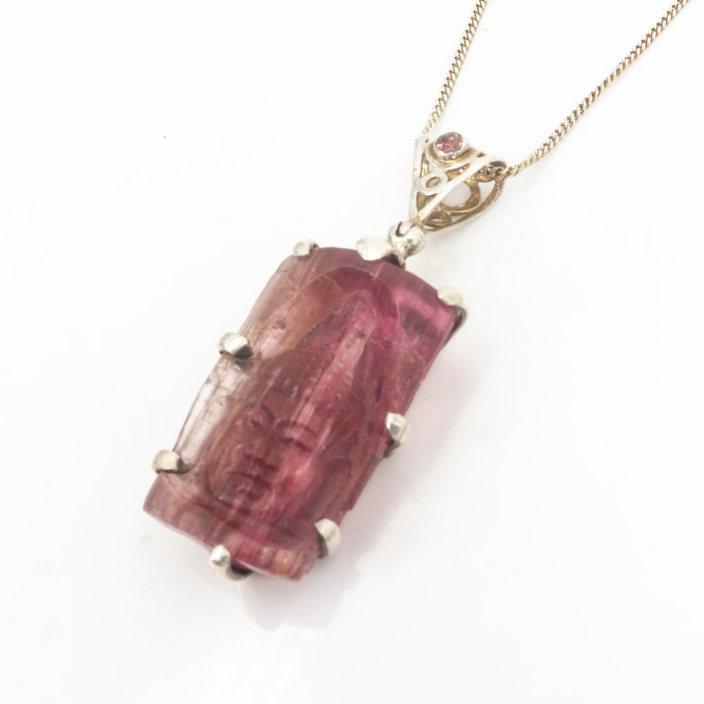 S/S Carved Buddha in Tourmaline Pendant