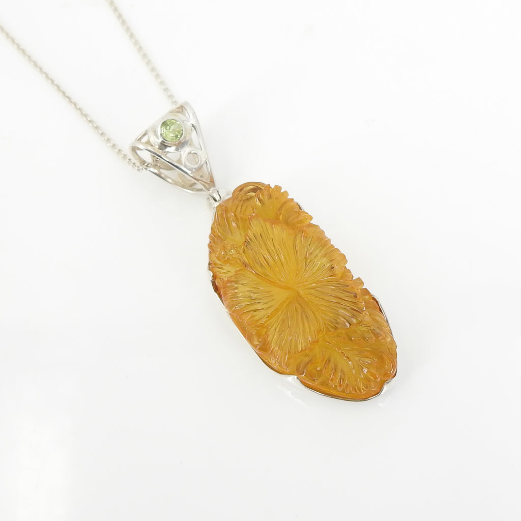 Sterling Silver Carved Amber & Peridot Pendant