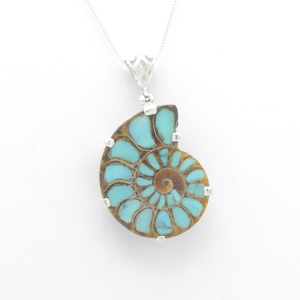 Sterling Silver Ammonite Fossil w/ Turquoise Inlay Pendant