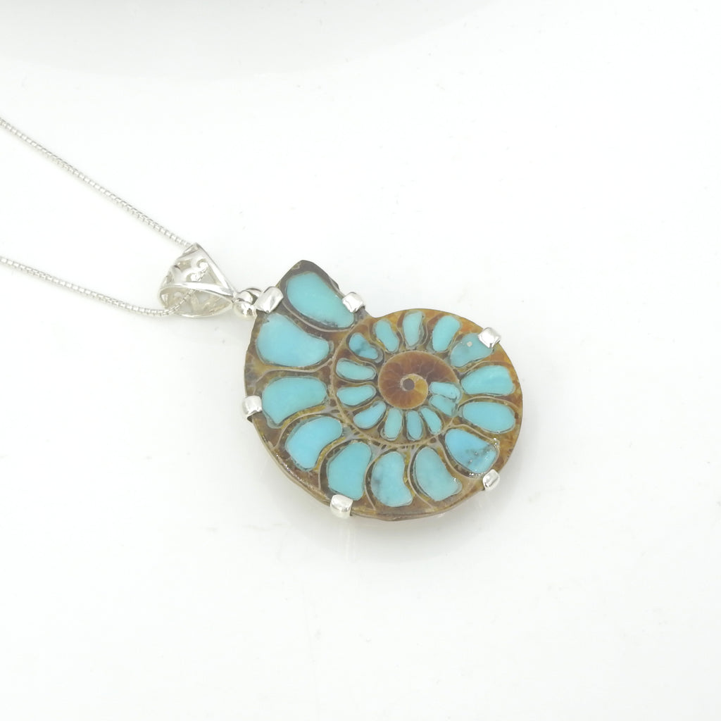 Sterling Silver Ammonite Fossil w/ Turquoise Inlay Pendant