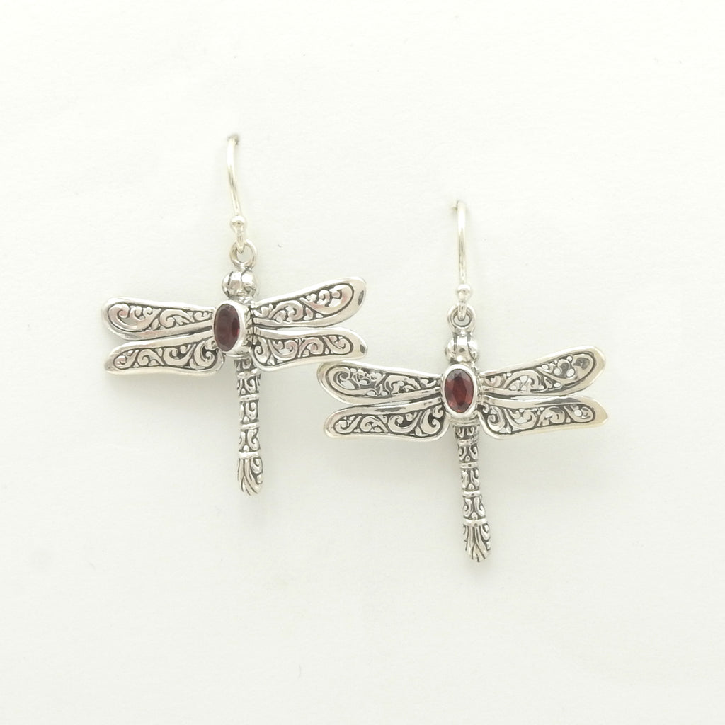 Sterling Silver Filigree & Garnet Dragonfly Earrings