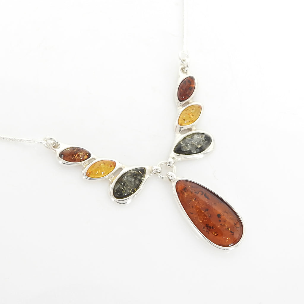 Sterling Silver Mixed Amber Drop Necklace