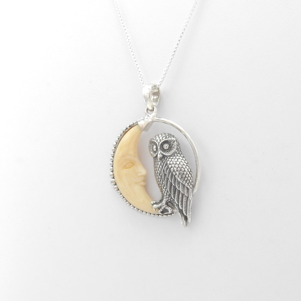 Sterling Silver Owl w/ Bone Moon Pendant