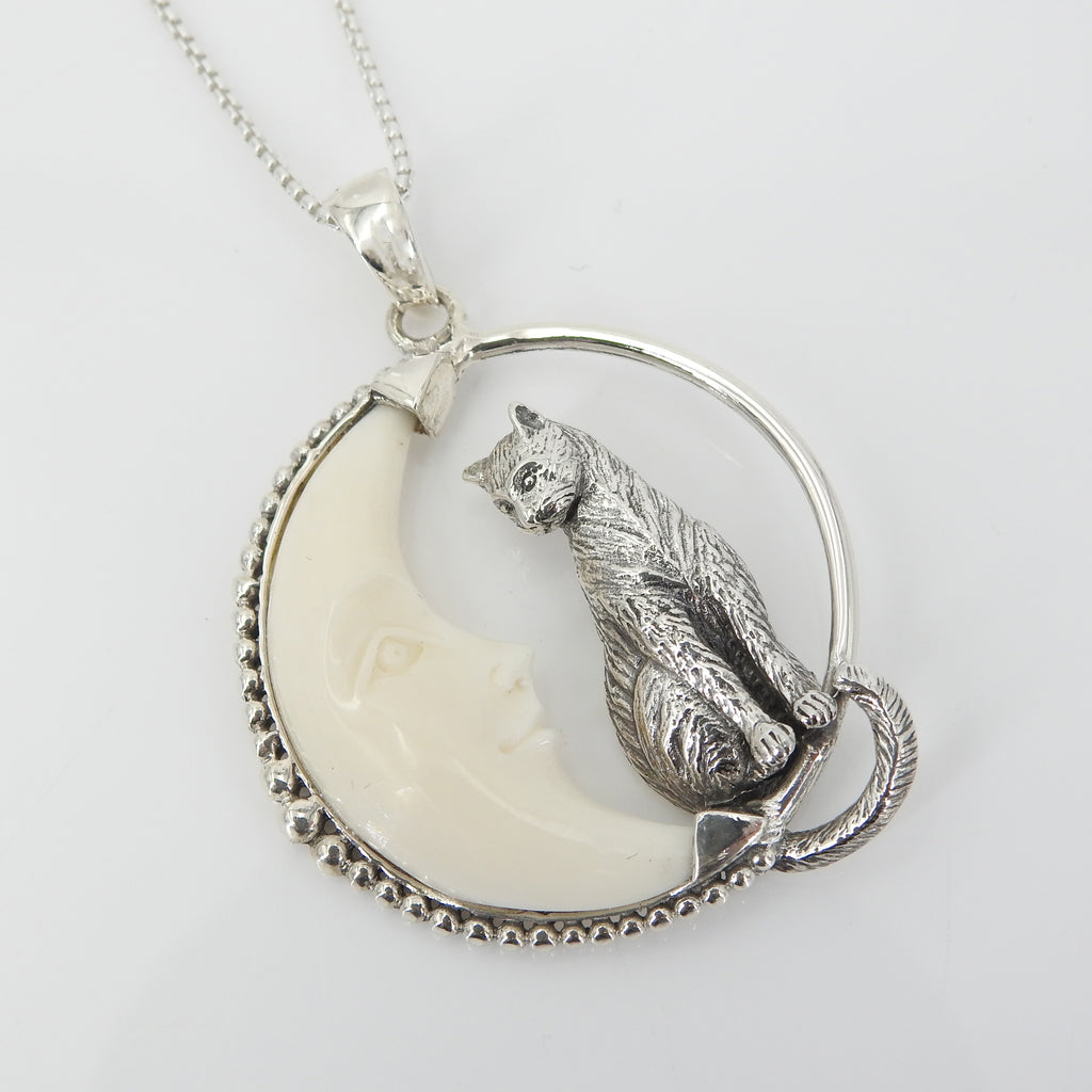Sterling Silver Cat & Moon Pendant