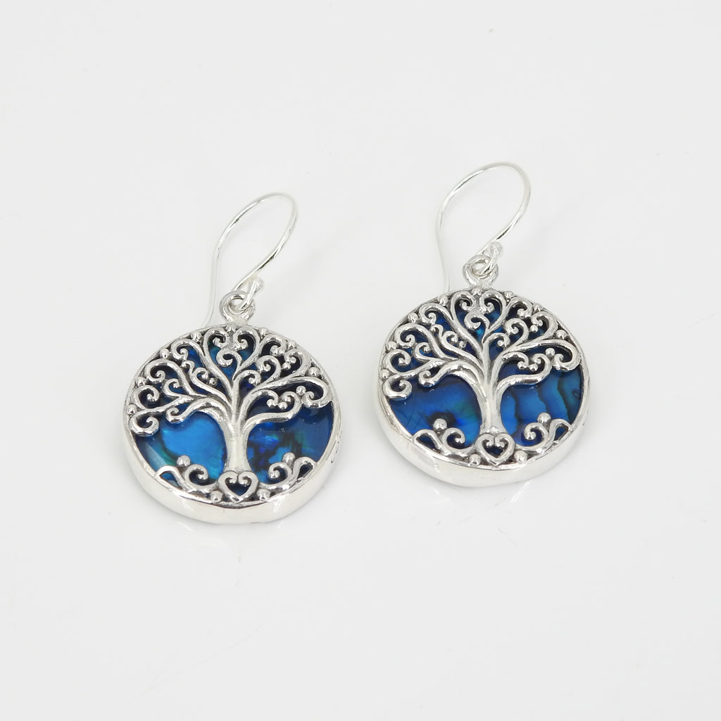 Sterling Silver Tree of Life Blue Abalone Earring