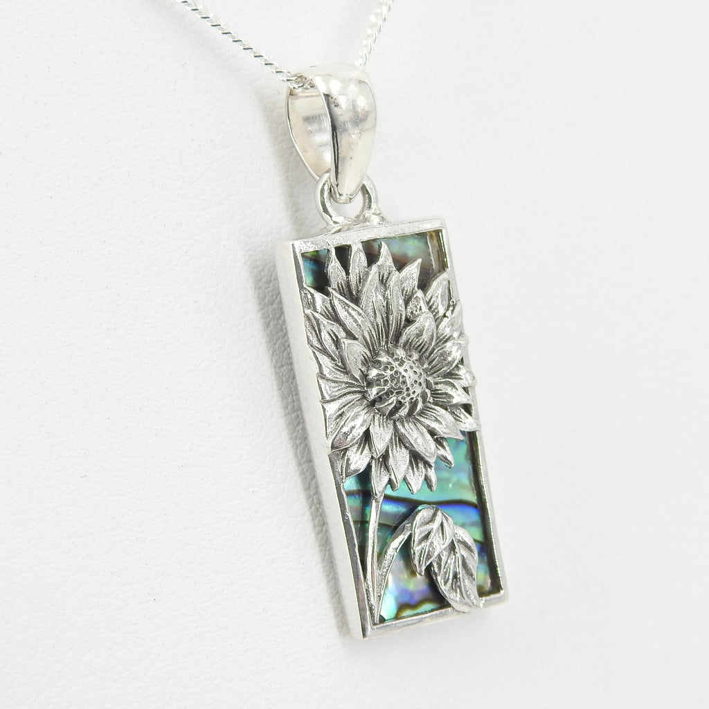 Small Sterling Silver Sunflower w/ Abalone Pendant