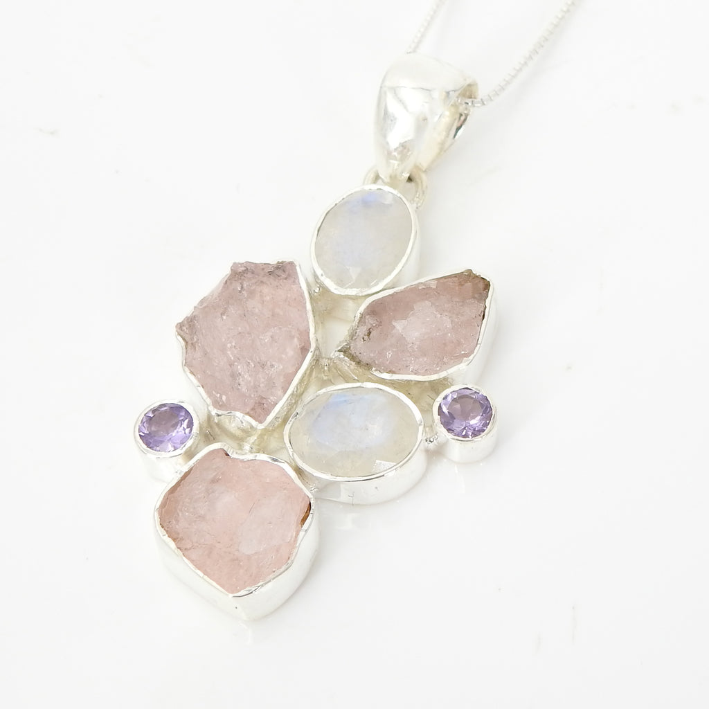 Sterling Silver Morganite Moonstone & Amethyst Pendant