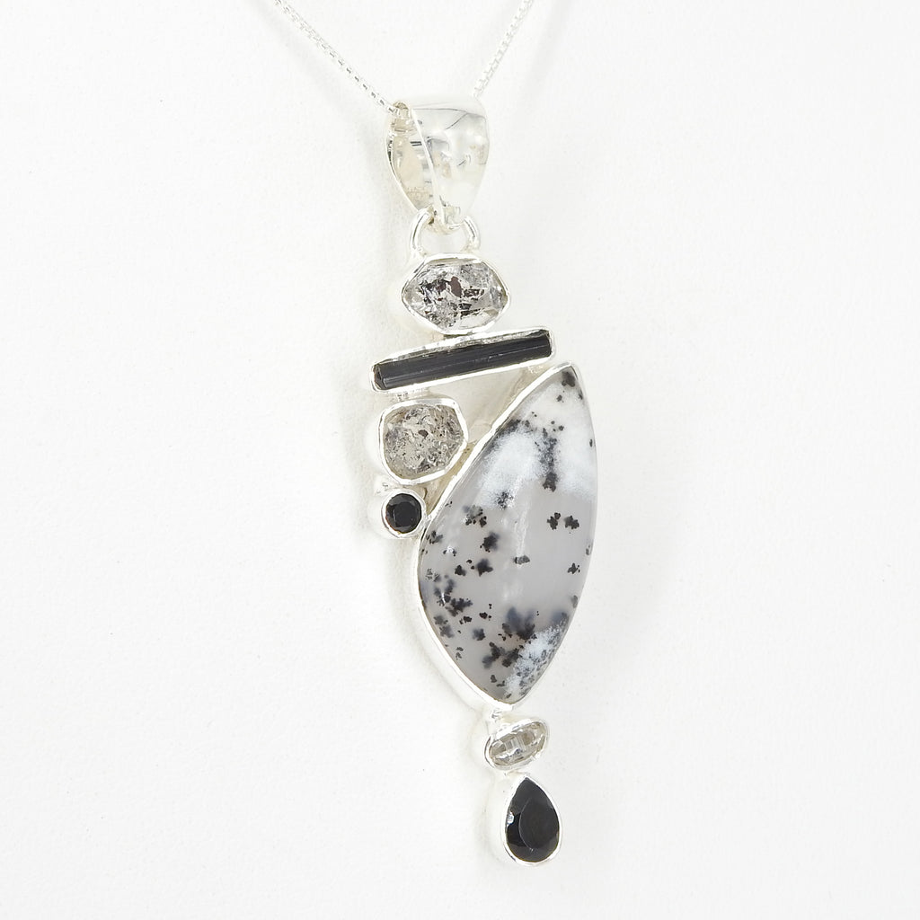 Sterling Silver Dendritic Agate Herkimer Diamond & Onyx Pendant