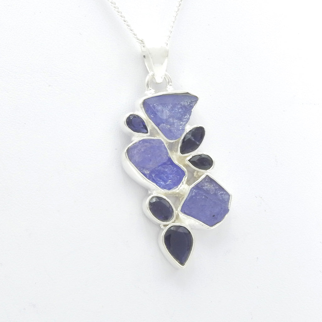 Sterling Silver Rough Tanzanite & Faceted Iolite Pendant