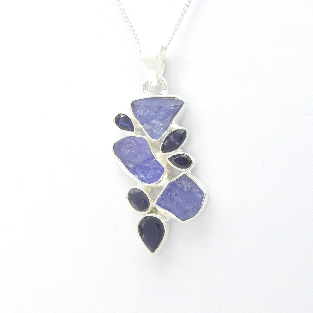 Sterling Silver Rough Tanzanite & Faceted Iolite Pendant