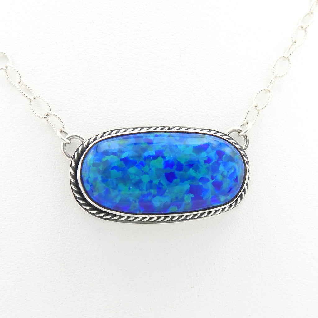 Sterling Silver Created Opal Bar Necklace