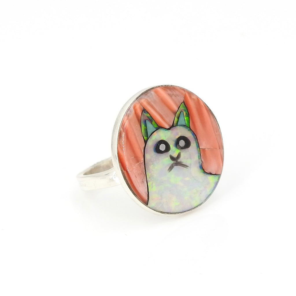 Sterling Silver Cat Inlay Ring SZ 7