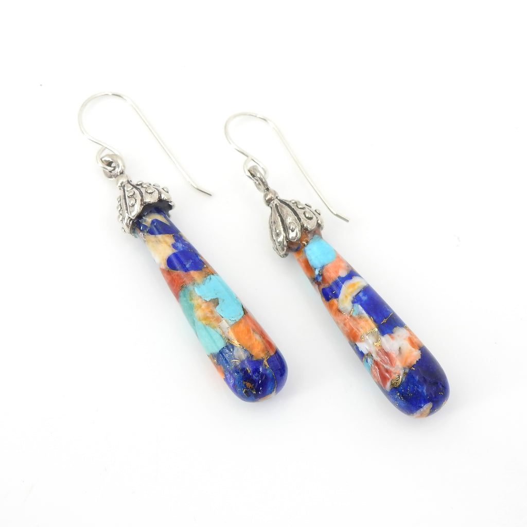 Sterling Silver Spiny Oyster, Turquoise & Lapis Earrings