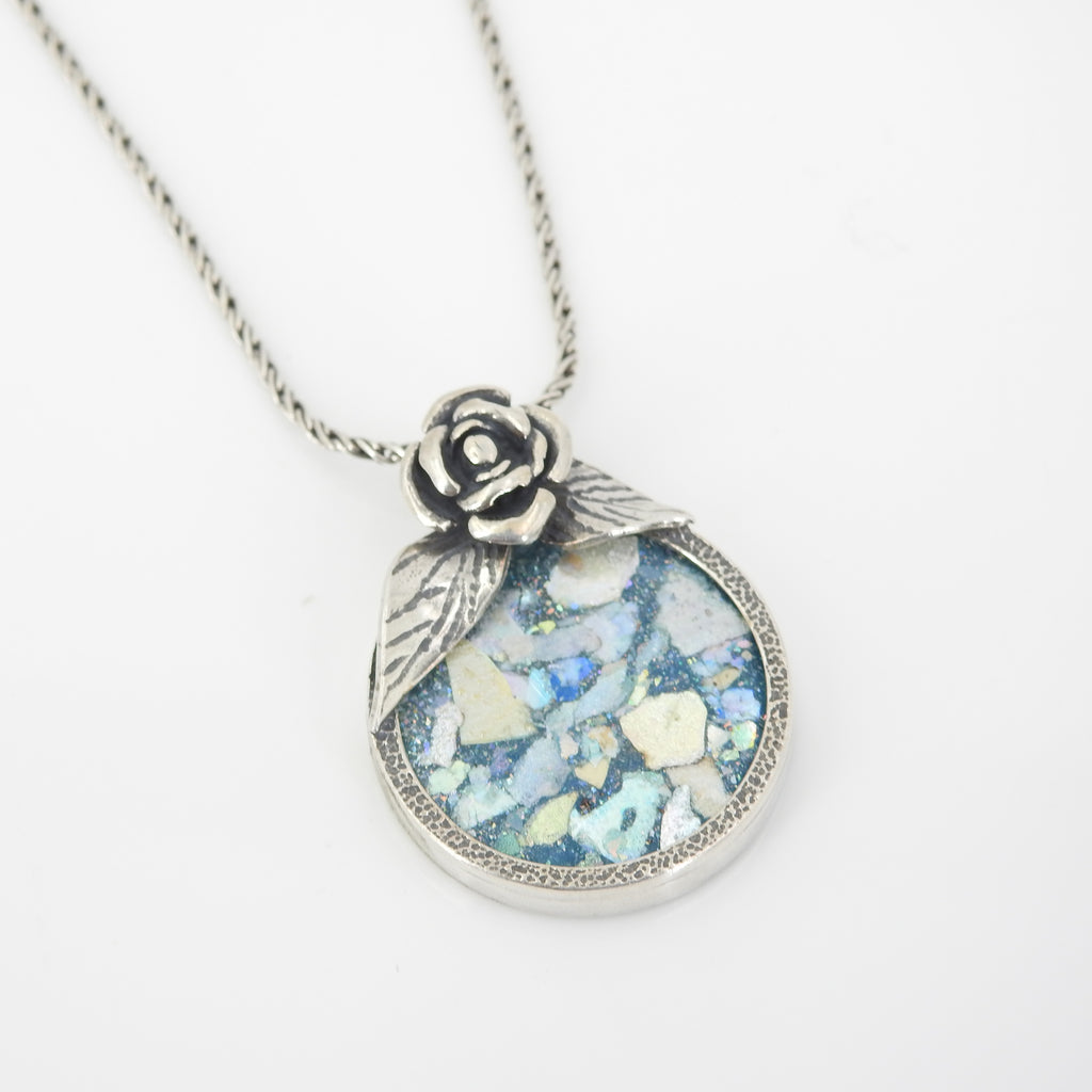 Sterling Silver Roman Glass Pendant With Rose