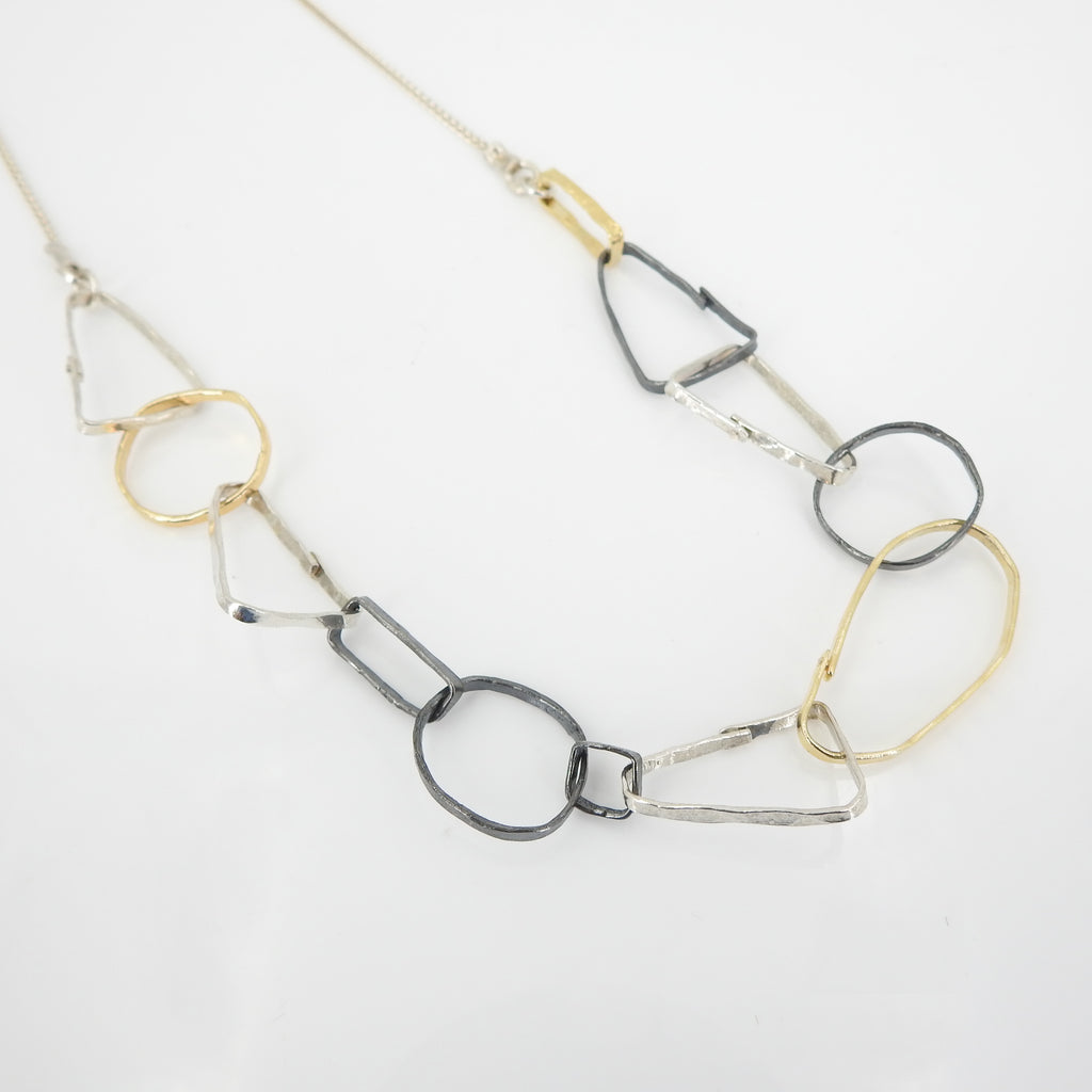 Three Tone Sterling Silver Abstract Link Necklace