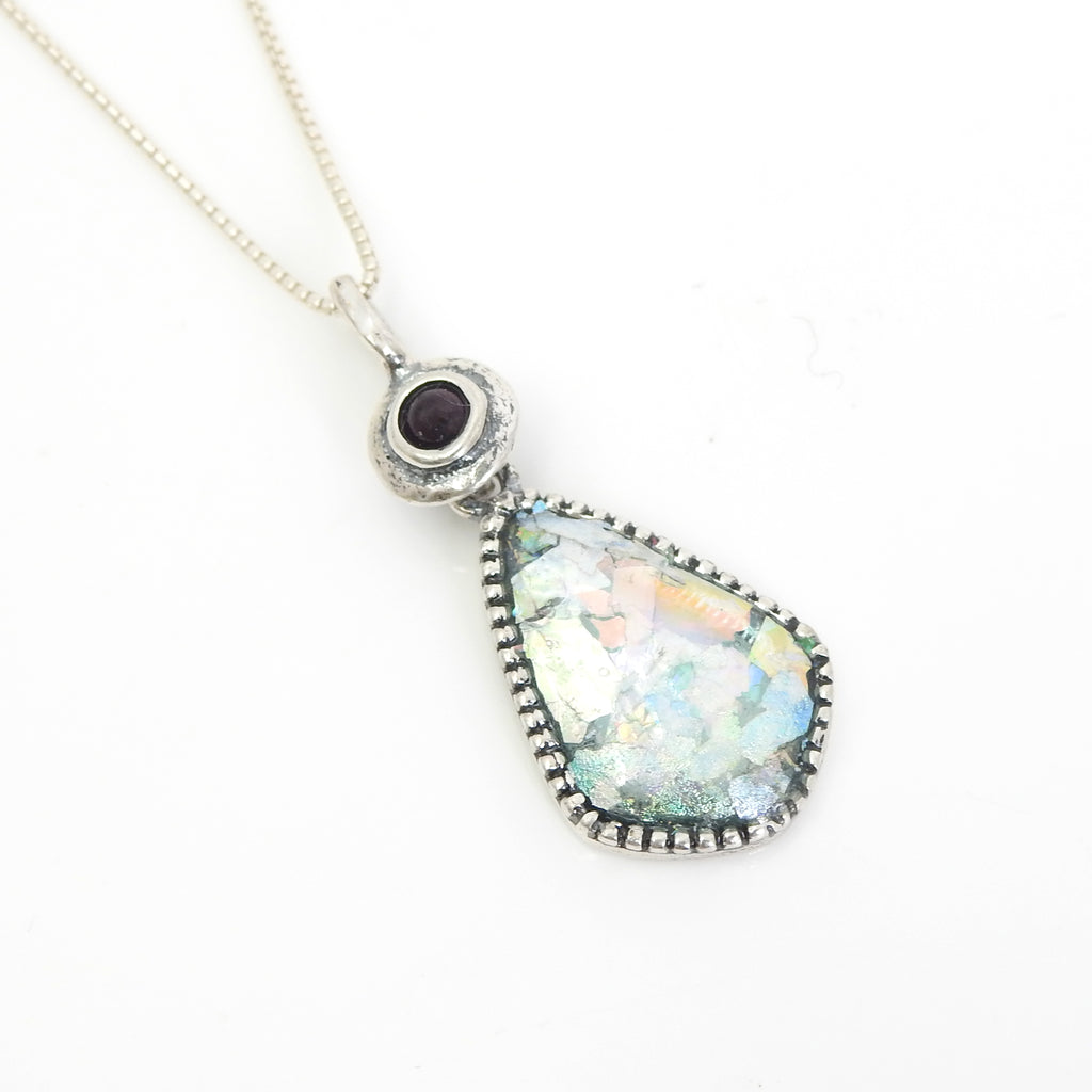 Sterling Silver Roman Glass w/ Garnet Necklace